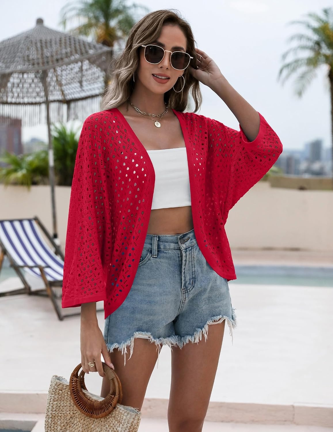 image:imageZeagoo Womens Summer Crochet Cardigan Sweaters 34 Sleeve Batwing KimonoWine Red