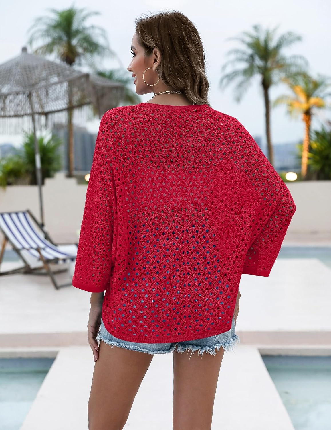 image:imageZeagoo Womens Summer Crochet Cardigan Sweaters 34 Sleeve Batwing KimonoWine Red