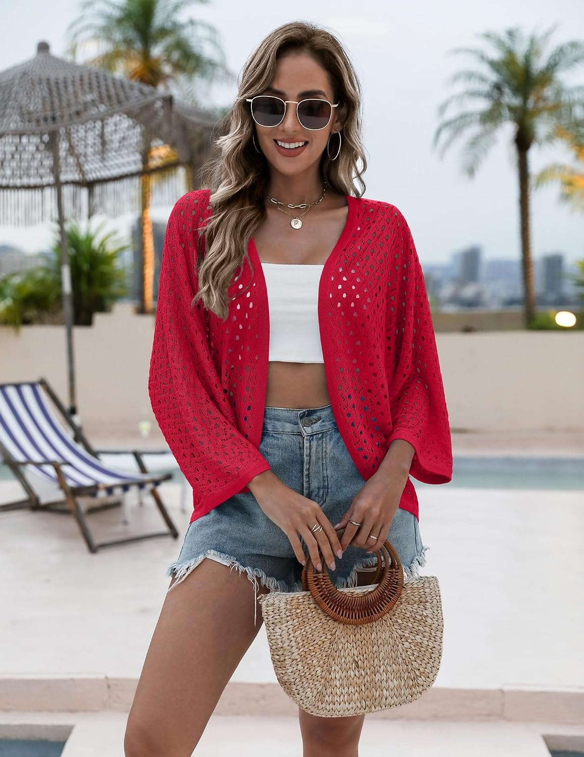 image:imageZeagoo Womens Summer Crochet Cardigan Sweaters 34 Sleeve Batwing KimonoWine Red
