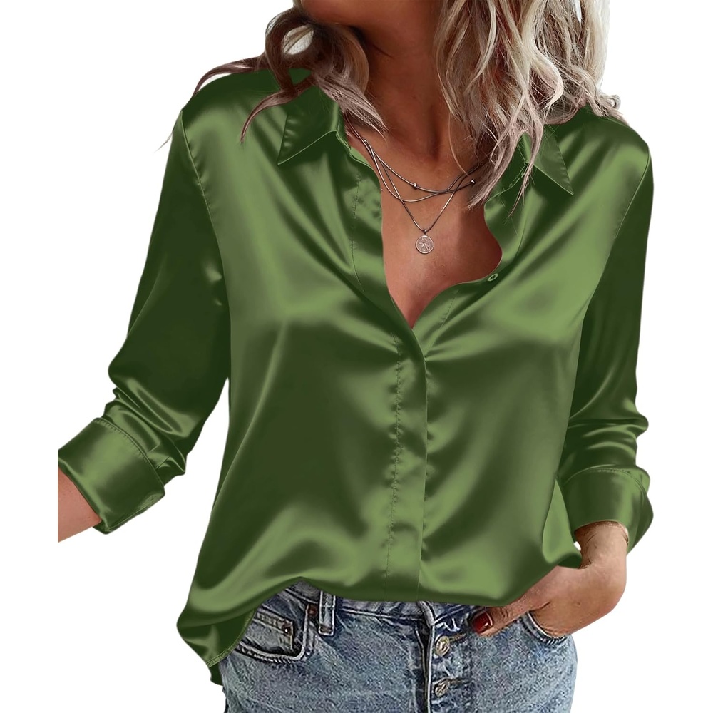 image:imageZeagoo Satin Blouses for Women Casual Long Sleeve Button Down Silk Shirts Dressy Business Work Tunic TopArmy Green