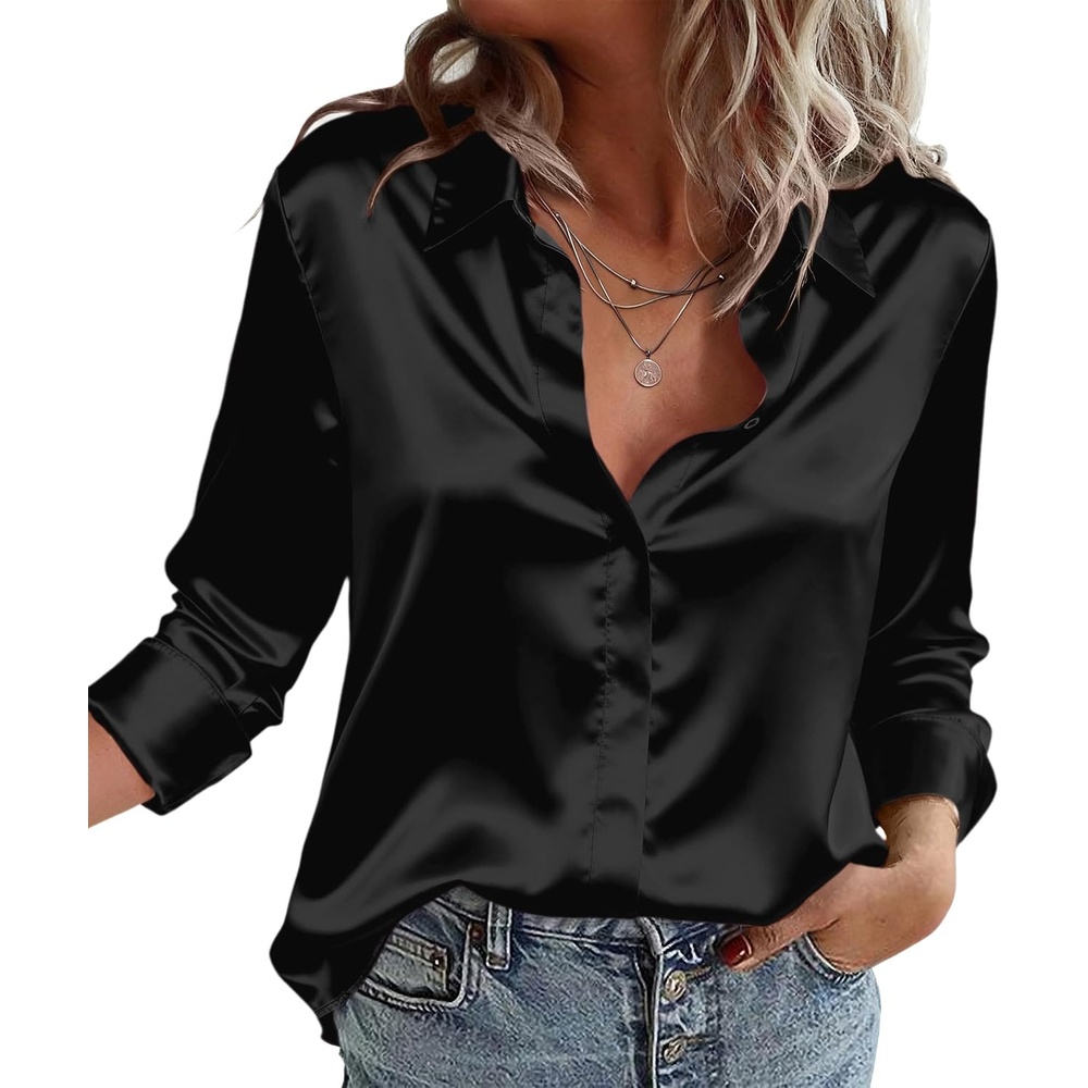 image:imageZeagoo Satin Blouses for Women Casual Long Sleeve Button Down Silk Shirts Dressy Business Work Tunic TopBlack