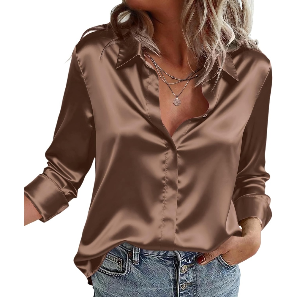 image:imageZeagoo Satin Blouses for Women Casual Long Sleeve Button Down Silk Shirts Dressy Business Work Tunic TopBrown