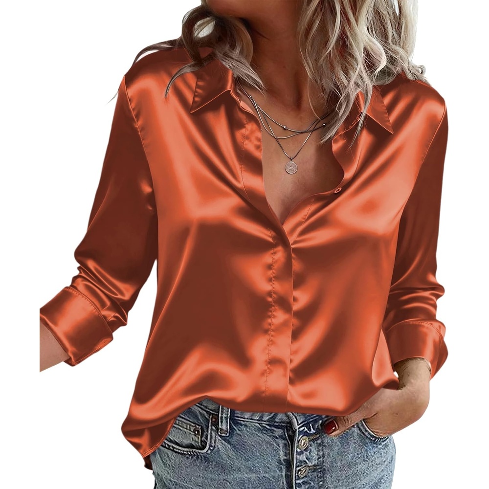 image:imageZeagoo Satin Blouses for Women Casual Long Sleeve Button Down Silk Shirts Dressy Business Work Tunic TopCaramel