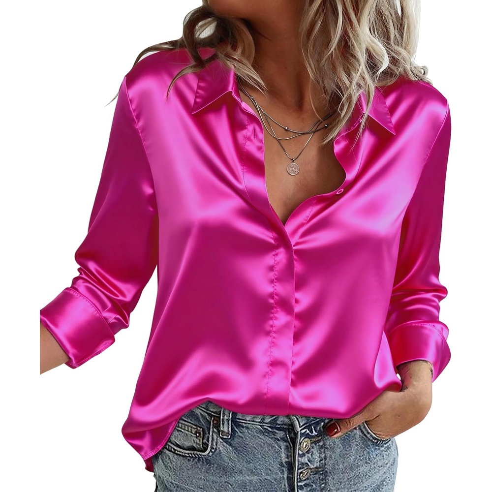 image:imageZeagoo Satin Blouses for Women Casual Long Sleeve Button Down Silk Shirts Dressy Business Work Tunic TopHot Pink