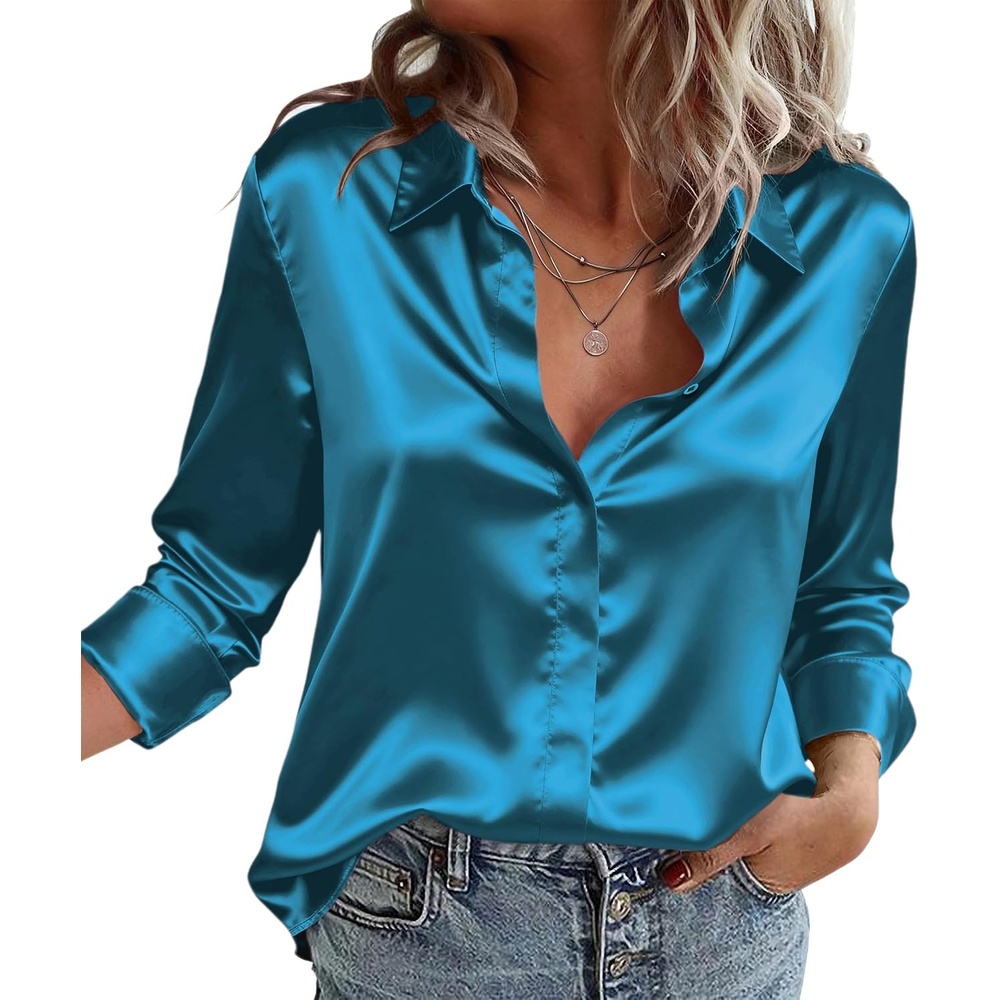 image:imageZeagoo Satin Blouses for Women Casual Long Sleeve Button Down Silk Shirts Dressy Business Work Tunic TopLake Blue