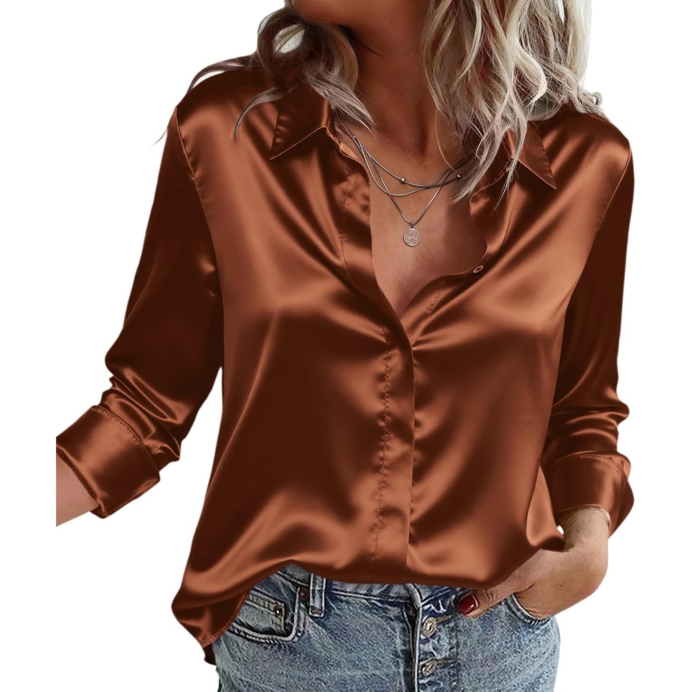 image:imageZeagoo Satin Blouses for Women Casual Long Sleeve Button Down Silk Shirts Dressy Business Work Tunic TopLight Brown