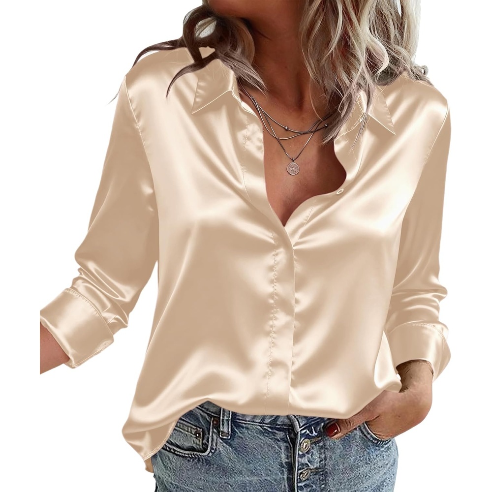 image:imageZeagoo Satin Blouses for Women Casual Long Sleeve Button Down Silk Shirts Dressy Business Work Tunic TopLight Khaki