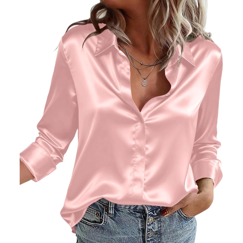 image:imageZeagoo Satin Blouses for Women Casual Long Sleeve Button Down Silk Shirts Dressy Business Work Tunic TopPink