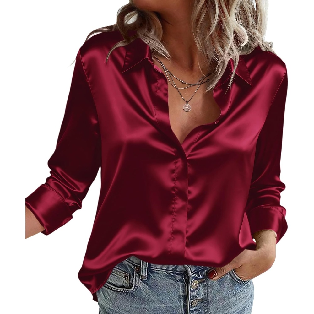 image:imageZeagoo Satin Blouses for Women Casual Long Sleeve Button Down Silk Shirts Dressy Business Work Tunic TopWine Red
