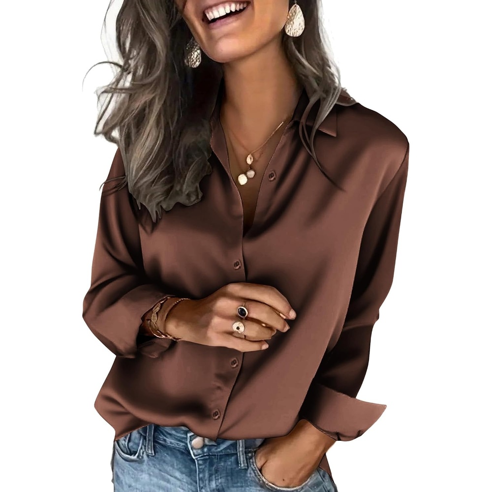image:imageZeagoo Satin Blouses for Women Silk Button Down Shirts Long Sleeve TopsBrown