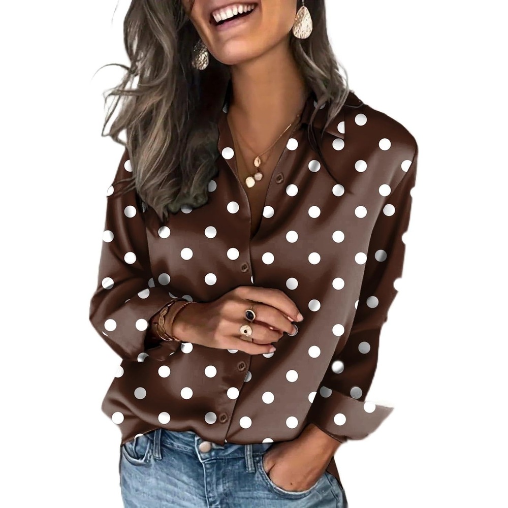 image:imageZeagoo Satin Blouses for Women Silk Button Down Shirts Long Sleeve TopsChocolate Polka Dots