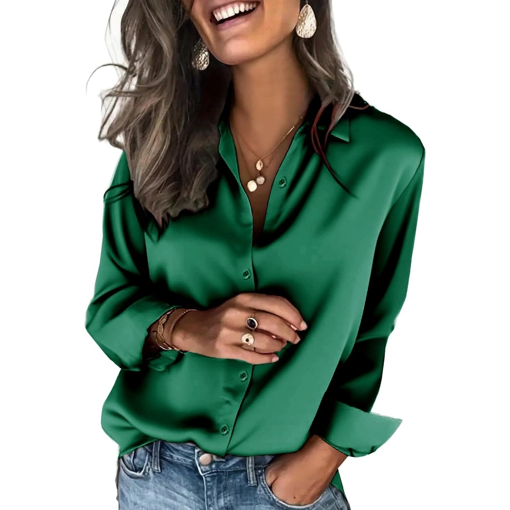 image:imageZeagoo Satin Blouses for Women Silk Button Down Shirts Long Sleeve TopsEvergreen