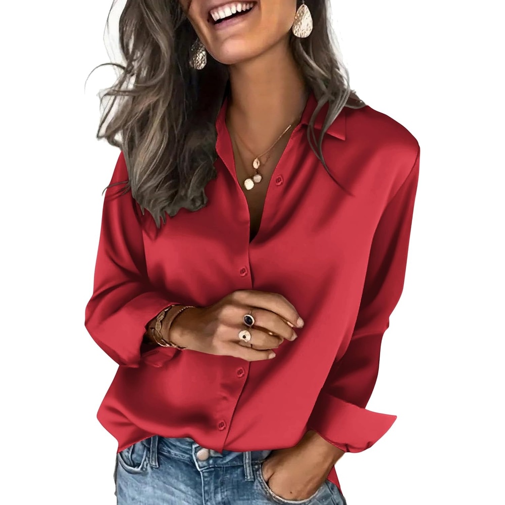 image:imageZeagoo Satin Blouses for Women Silk Button Down Shirts Long Sleeve TopsRed