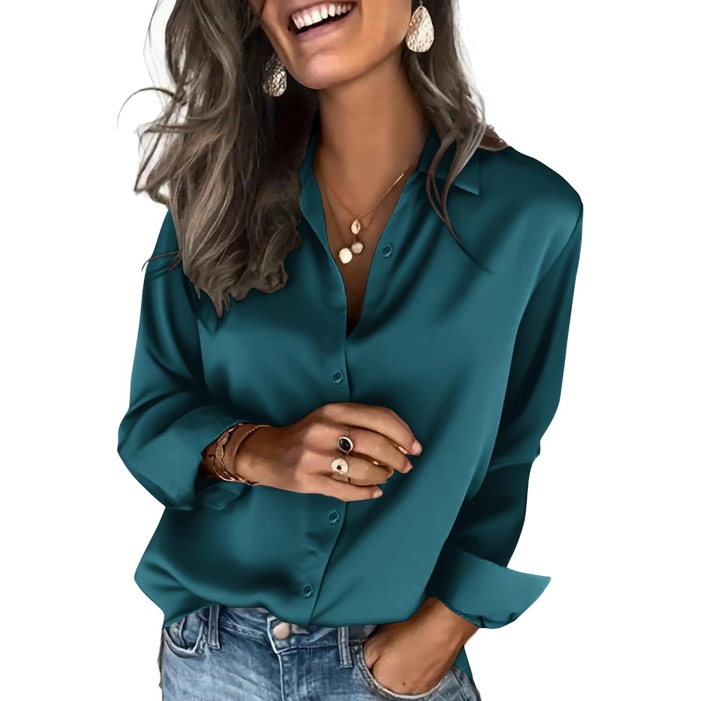 image:imageZeagoo Satin Blouses for Women Silk Button Down Shirts Long Sleeve TopsTeal Blue