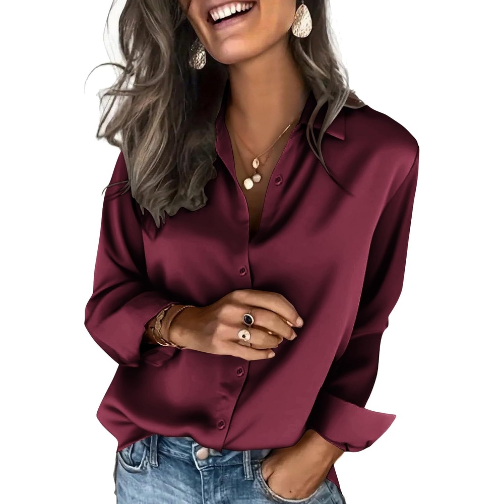 image:imageZeagoo Satin Blouses for Women Silk Button Down Shirts Long Sleeve TopsWine Red