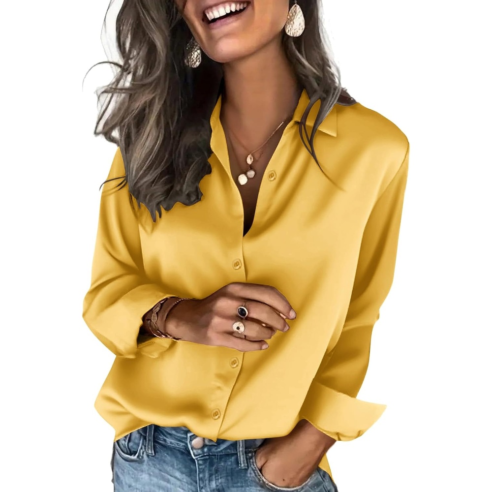 image:imageZeagoo Satin Blouses for Women Silk Button Down Shirts Long Sleeve TopsYellow