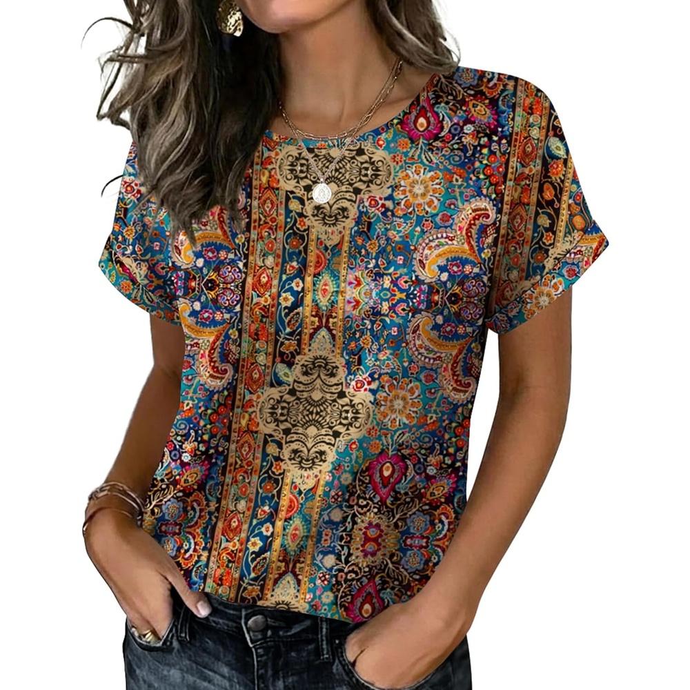 image:imageZeagoo Satin Silk Blouses Short Sleeve Crewneck Top for Women Dressy CasualBobo Multicolor 721