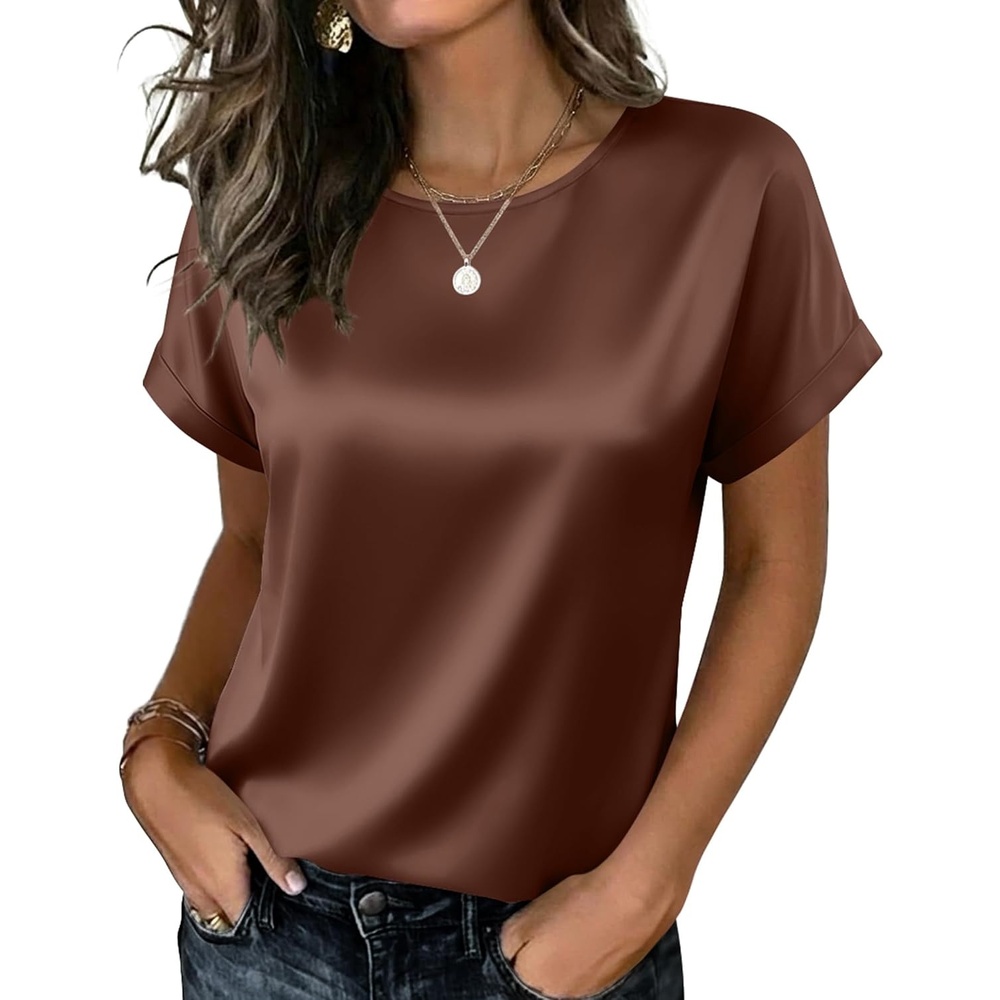 image:imageZeagoo Satin Silk Blouses Short Sleeve Crewneck Top for Women Dressy CasualBrown