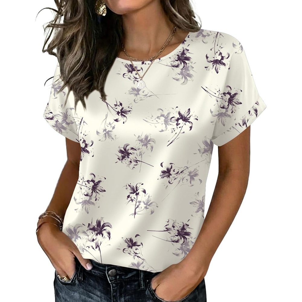 image:imageZeagoo Satin Silk Blouses Short Sleeve Crewneck Top for Women Dressy CasualFloral Beige 1018