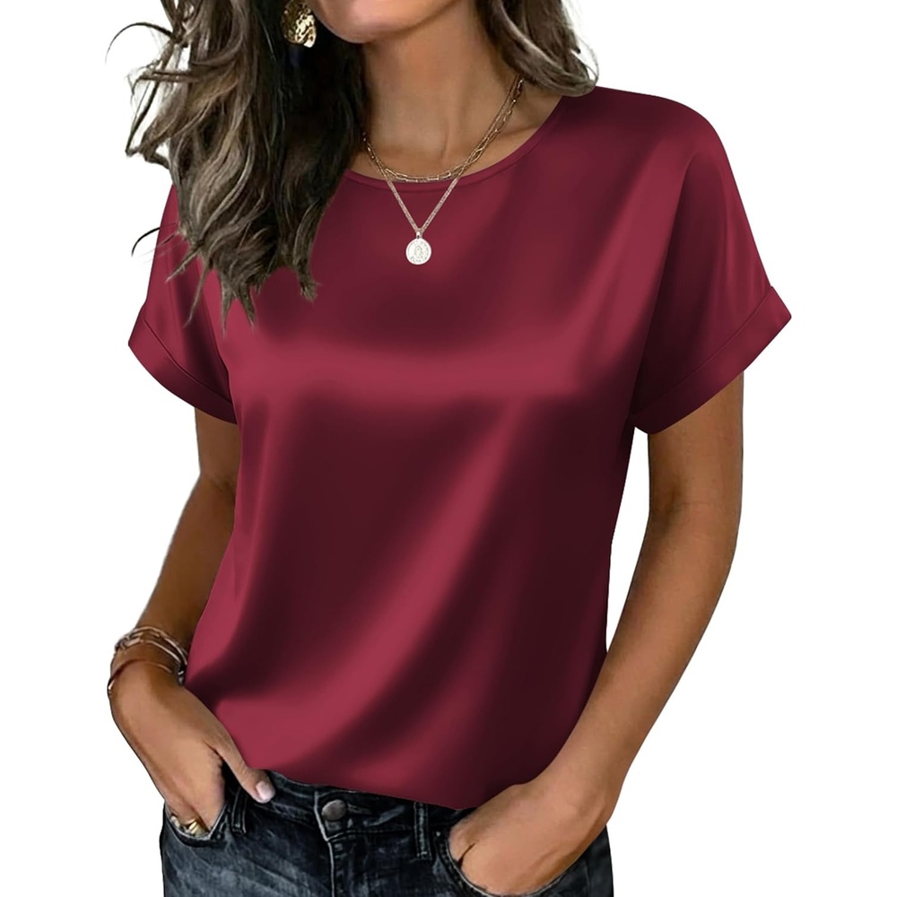image:imageZeagoo Satin Silk Blouses Short Sleeve Crewneck Top for Women Dressy CasualWine Red