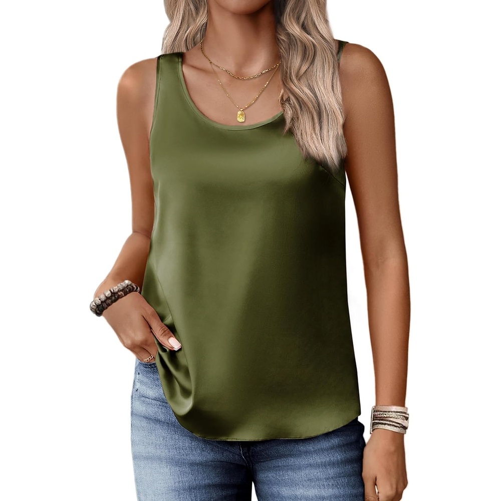 image:imageZeagoo Silk Satin Tank Tops for Women Scoop Neck Sleeveless Camisole TopsArmy Green
