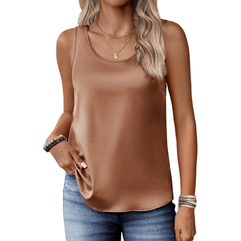 image:imageZeagoo Silk Satin Tank Tops for Women Scoop Neck Sleeveless Camisole TopsLight Brown
