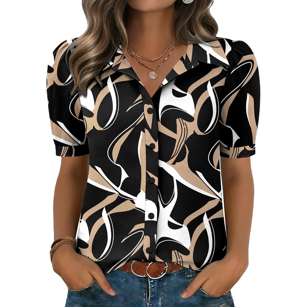 image:imageZeagoo Women Button Down Shirts Puff Short Sleeve Blouses Chiffon TopsBlackcx312