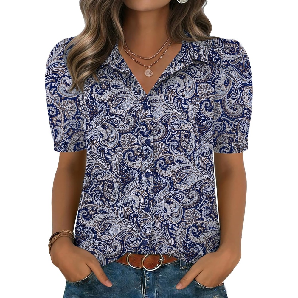 image:imageZeagoo Women Button Down Shirts Puff Short Sleeve Blouses Chiffon TopsBohemiamz473