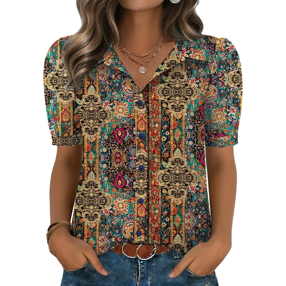 image:imageZeagoo Women Button Down Shirts Puff Short Sleeve Blouses Chiffon TopsBohomz721