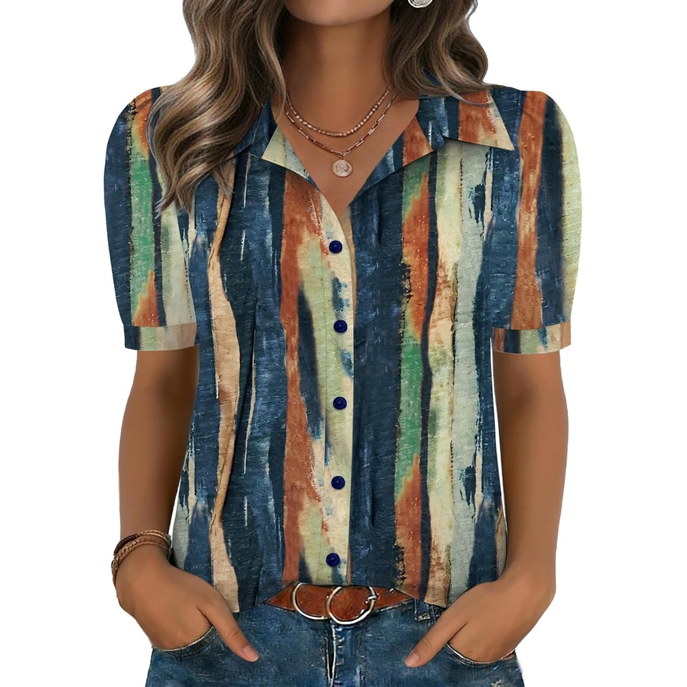 image:imageZeagoo Women Button Down Shirts Puff Short Sleeve Blouses Chiffon TopsMulticolorcx289
