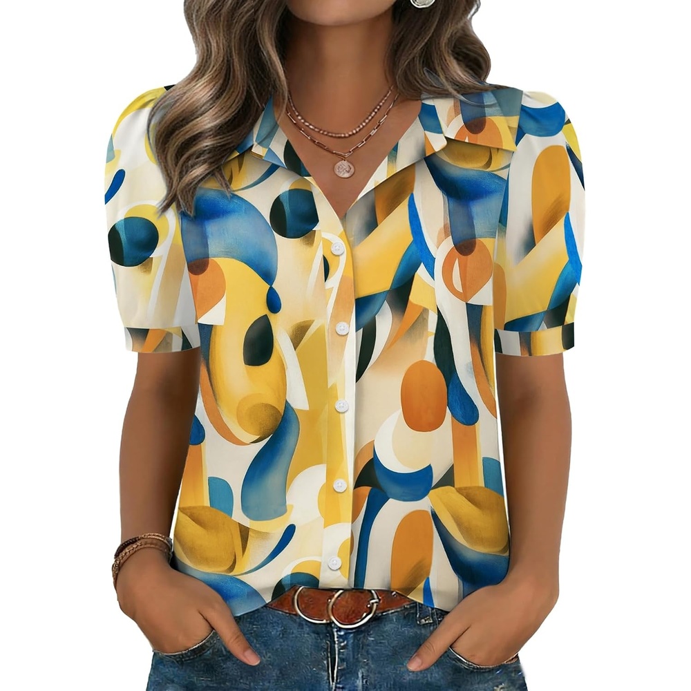 image:imageZeagoo Women Button Down Shirts Puff Short Sleeve Blouses Chiffon TopsMulticolorjh579
