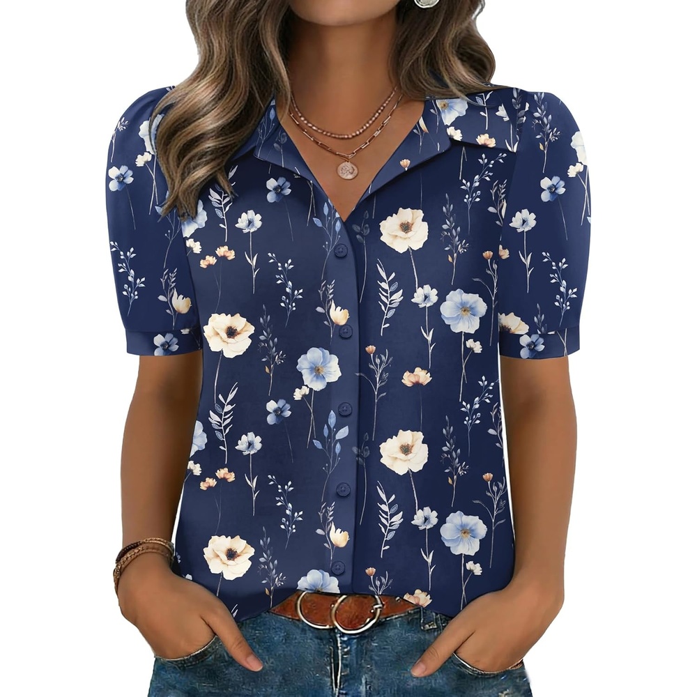 image:imageZeagoo Women Button Down Shirts Puff Short Sleeve Blouses Chiffon TopsNavy Flowersbf318