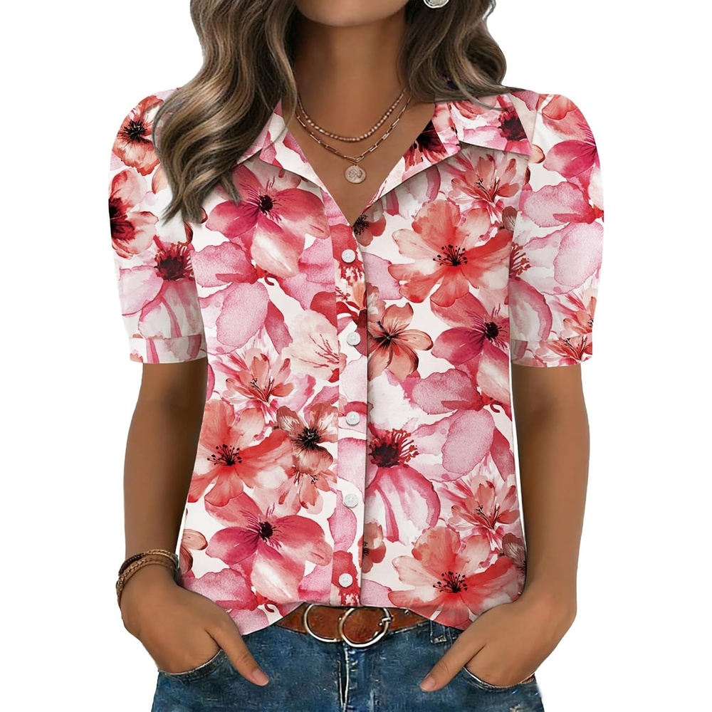 image:imageZeagoo Women Button Down Shirts Puff Short Sleeve Blouses Chiffon TopsPink Flowerswf97