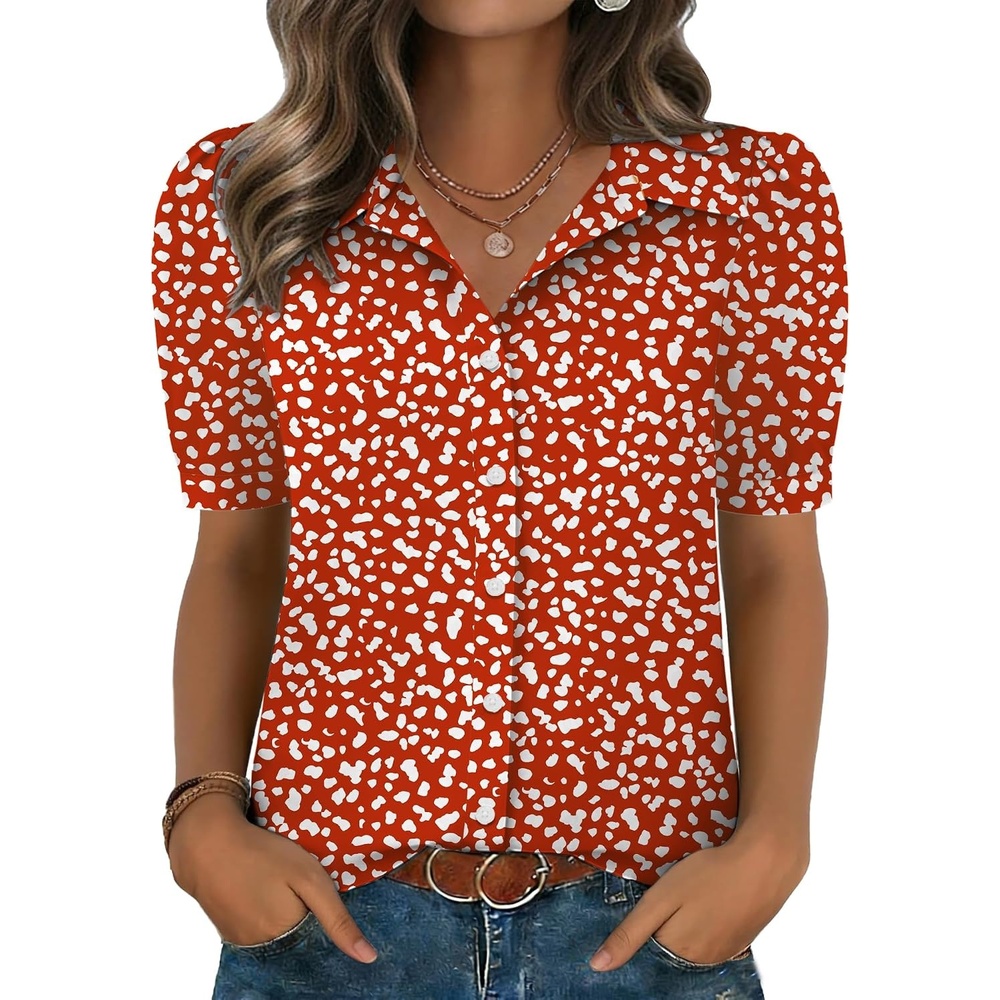 image:imageZeagoo Women Button Down Shirts Puff Short Sleeve Blouses Chiffon TopsRed Dotjh590
