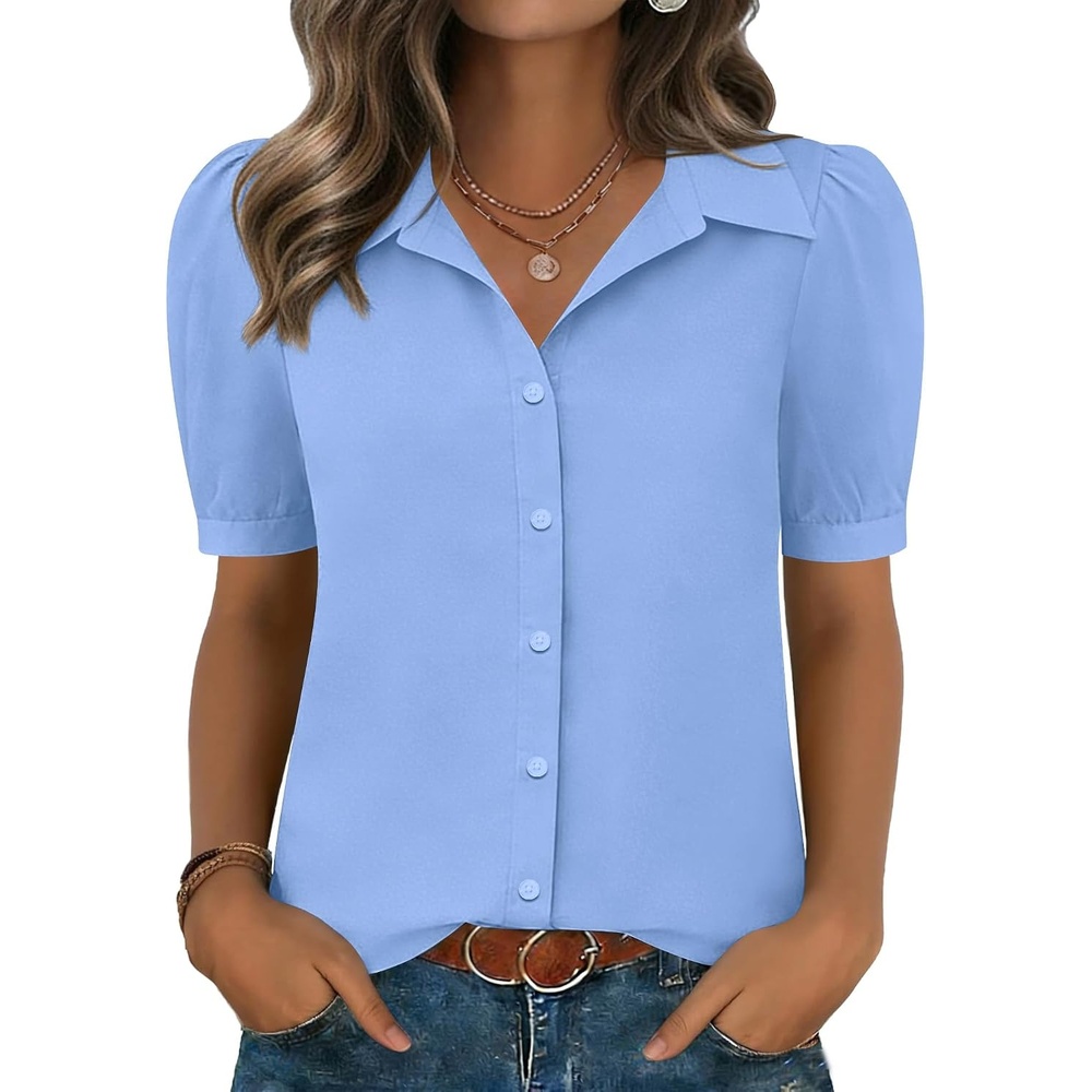 image:imageZeagoo Women Button Down Shirts Puff Short Sleeve Blouses Chiffon TopsSky Blueclb