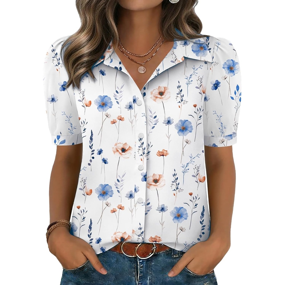 image:imageZeagoo Women Button Down Shirts Puff Short Sleeve Blouses Chiffon TopsWhite Flowersbf290