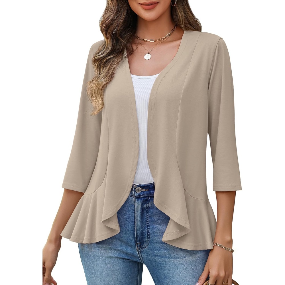 image:imageZeagoo Womens 2026 Summer 34 Sleeve Lightweight Cardigans Ruffles CoverupApricot