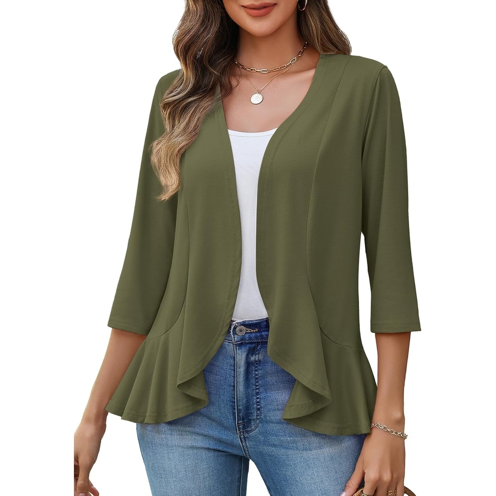 image:imageZeagoo Womens 2026 Summer 34 Sleeve Lightweight Cardigans Ruffles CoverupArmy Green