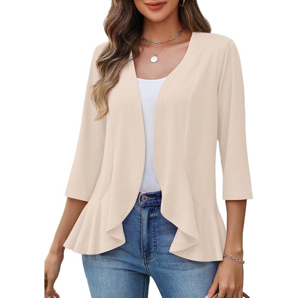 image:imageZeagoo Womens 2026 Summer 34 Sleeve Lightweight Cardigans Ruffles CoverupBeige