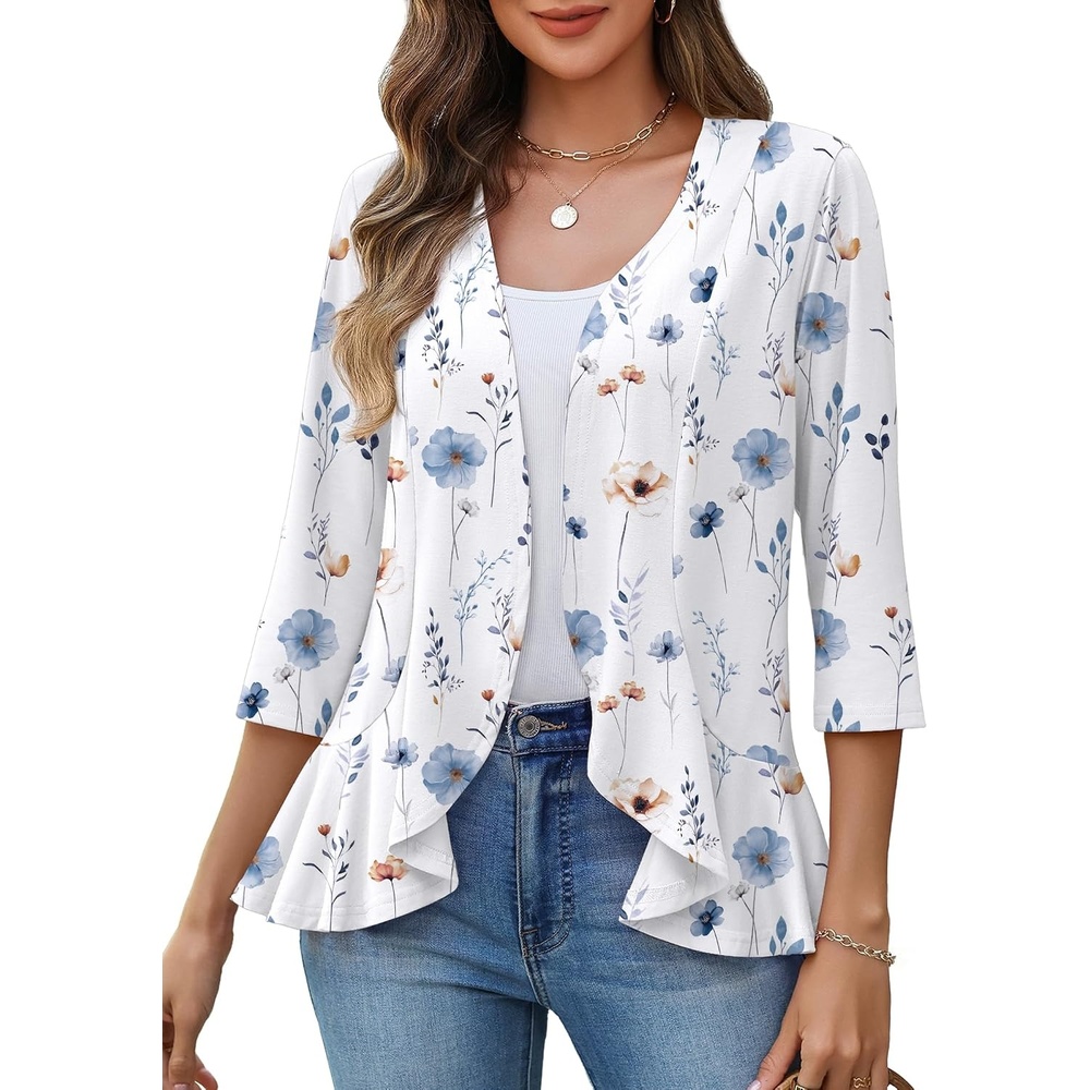 image:imageZeagoo Womens 2026 Summer 34 Sleeve Lightweight Cardigans Ruffles CoverupBf290