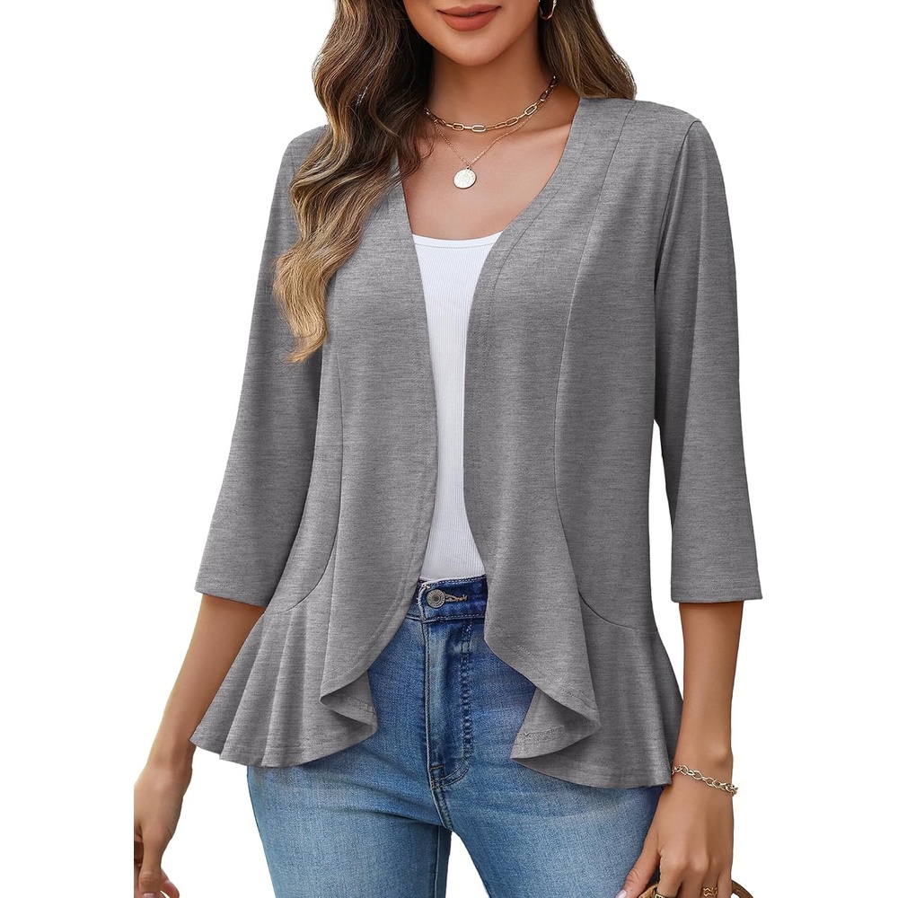 image:imageZeagoo Womens 2026 Summer 34 Sleeve Lightweight Cardigans Ruffles CoverupGrey