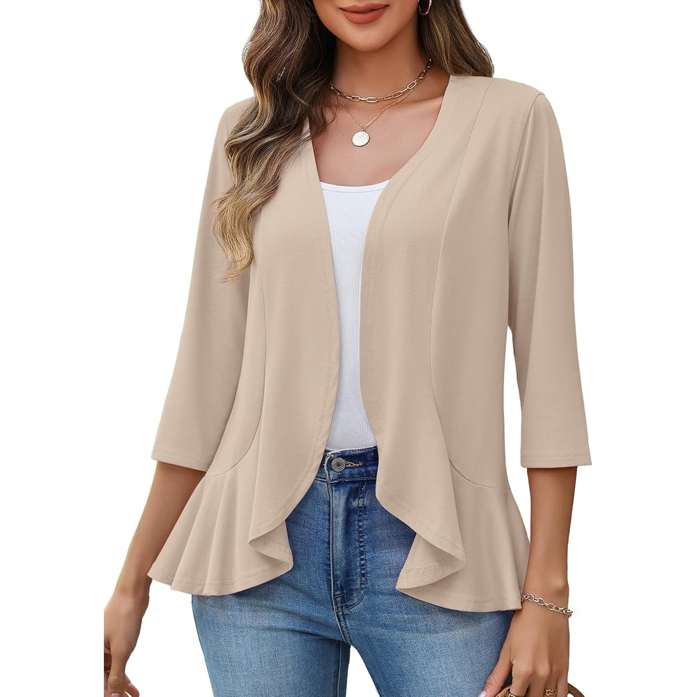 image:imageZeagoo Womens 2026 Summer 34 Sleeve Lightweight Cardigans Ruffles CoverupKhaki