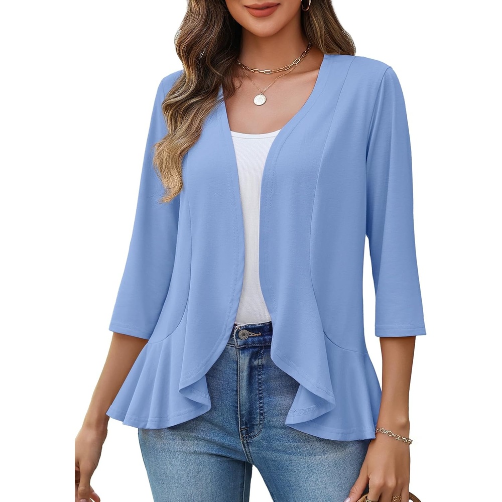 image:imageZeagoo Womens 2026 Summer 34 Sleeve Lightweight Cardigans Ruffles CoverupLight Blue