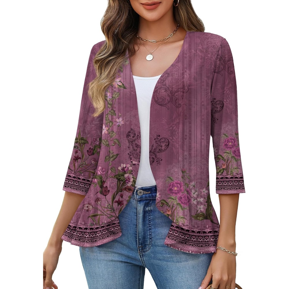 image:imageZeagoo Womens 2026 Summer 34 Sleeve Lightweight Cardigans Ruffles CoverupMz841