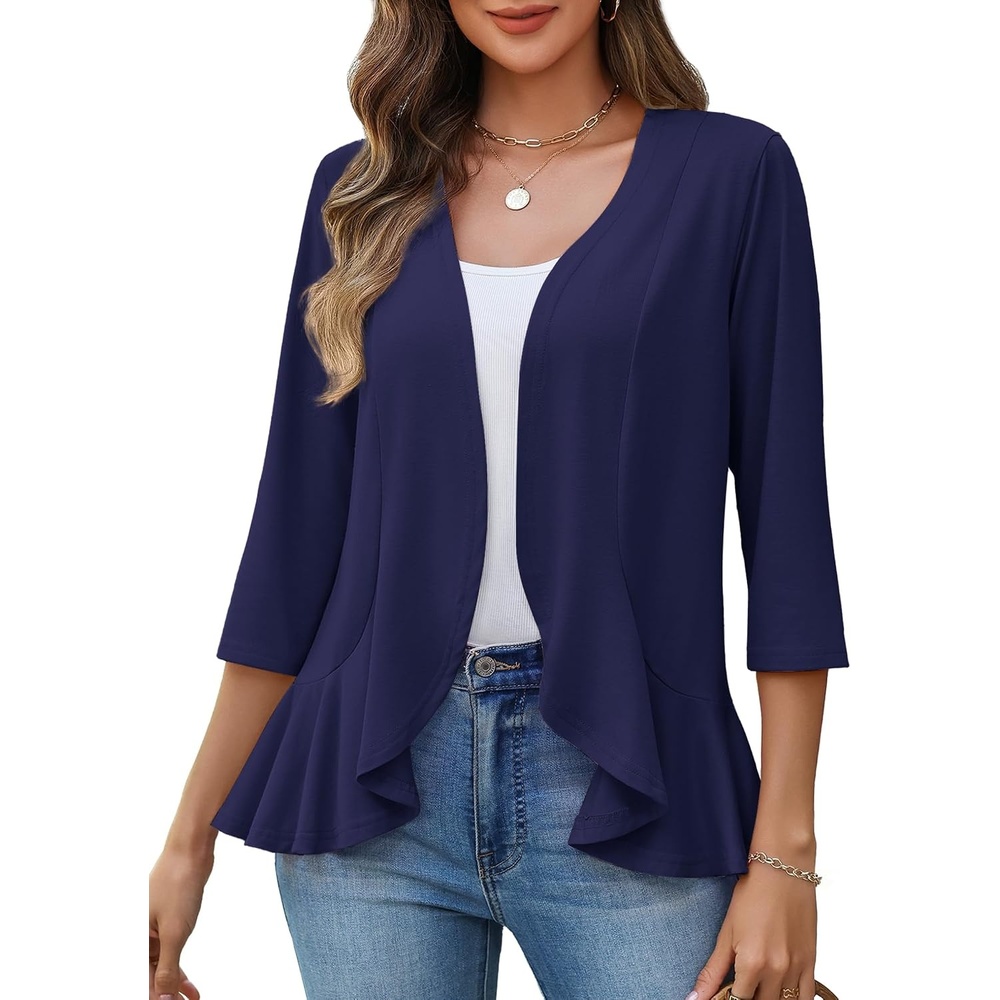 image:imageZeagoo Womens 2026 Summer 34 Sleeve Lightweight Cardigans Ruffles CoverupNavy Blue