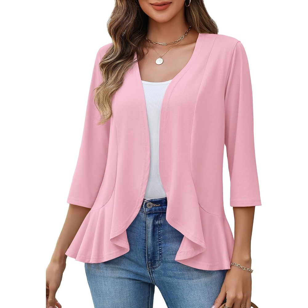 image:imageZeagoo Womens 2026 Summer 34 Sleeve Lightweight Cardigans Ruffles CoverupPink