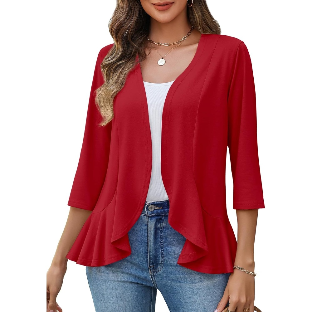 image:imageZeagoo Womens 2026 Summer 34 Sleeve Lightweight Cardigans Ruffles CoverupRed