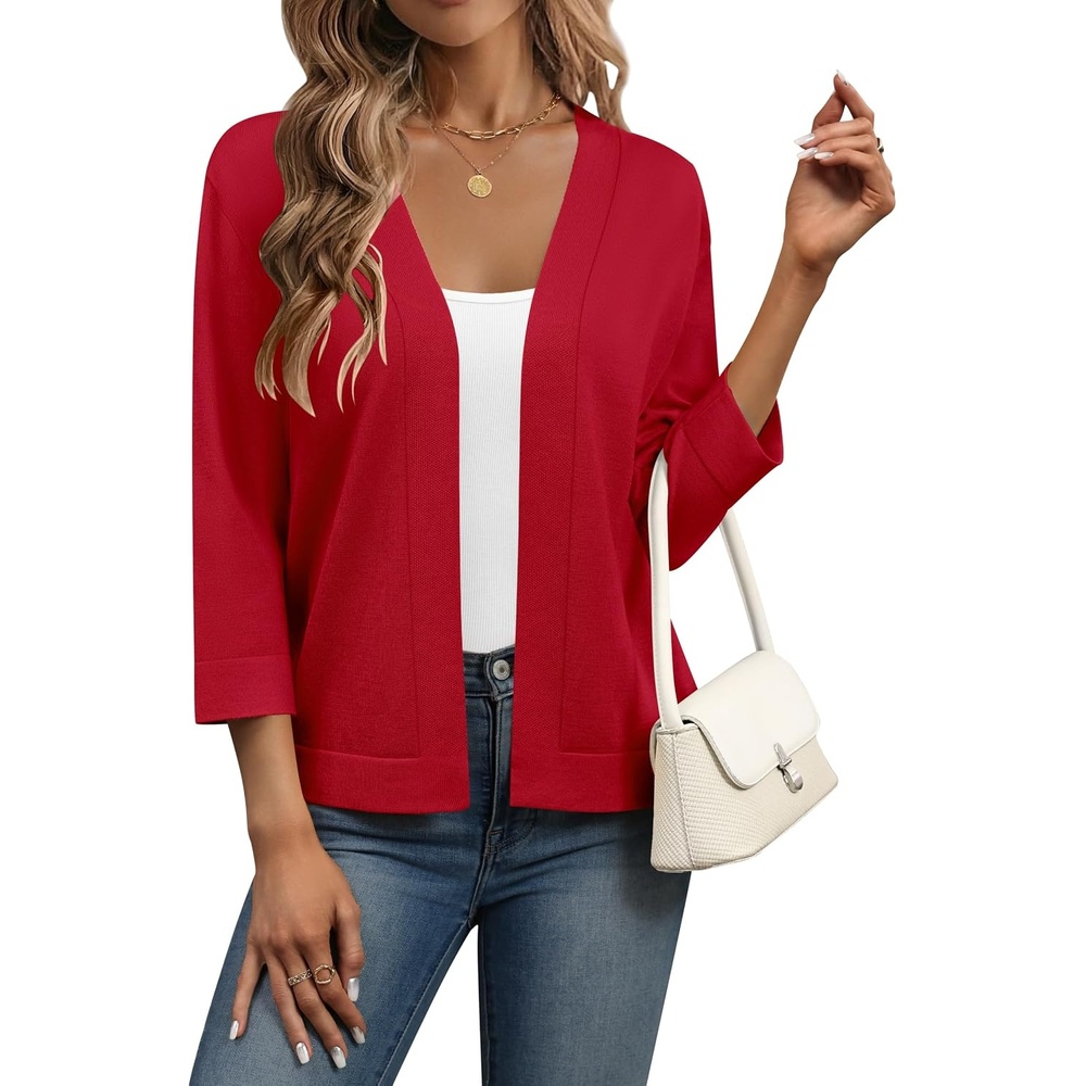 image:imageZeagoo Womens 34 Sleeve Cropped Cardigan Sweater Lightweight Bolero ShrugsRed