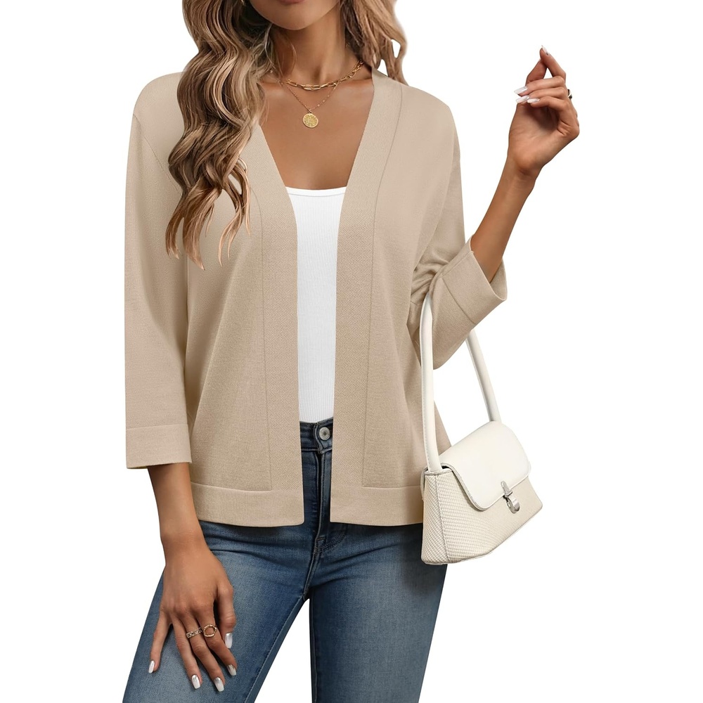 image:imageZeagoo Womens 34 Sleeve Cropped Cardigan Sweater Lightweight Bolero ShrugsWarm Apricot