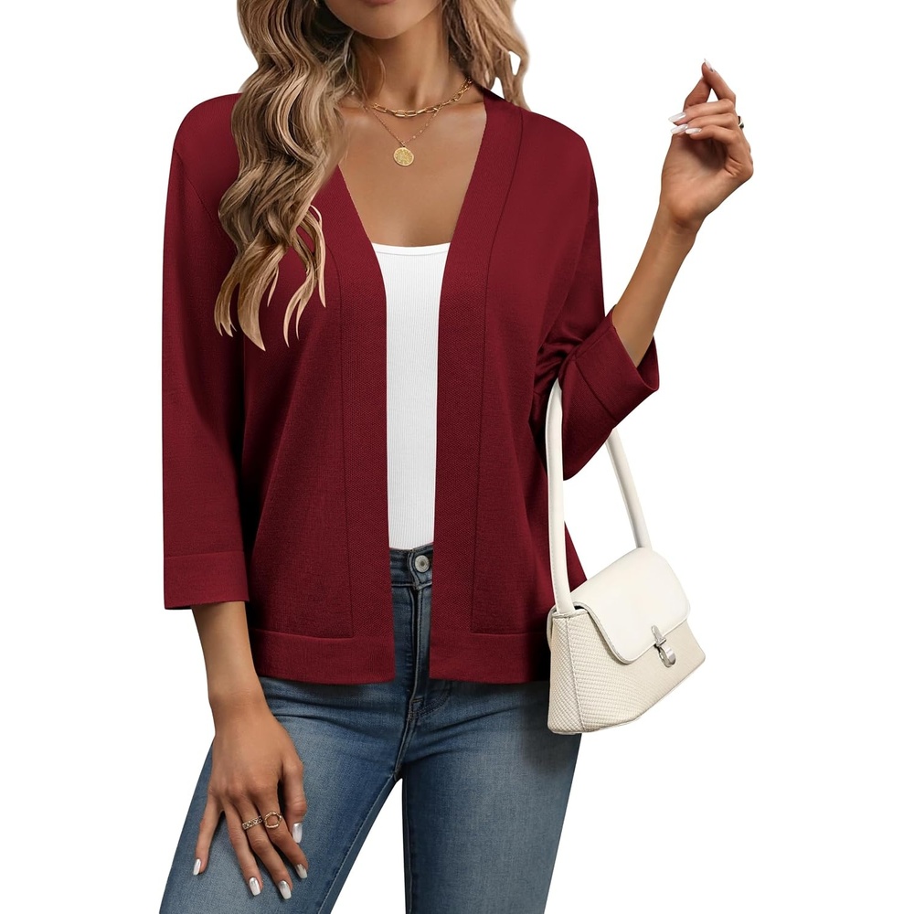 image:imageZeagoo Womens 34 Sleeve Cropped Cardigan Sweater Lightweight Bolero ShrugsWine Red